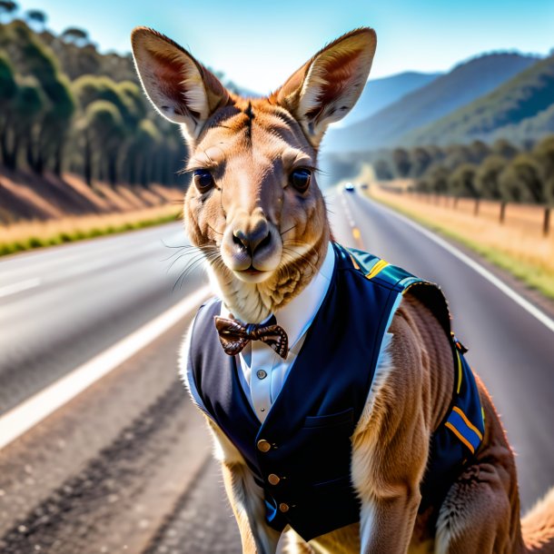 Pic of a kangaroo in a vest on the highway