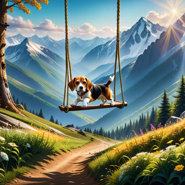 Image of a swinging on a swing of a beagle in the mountains