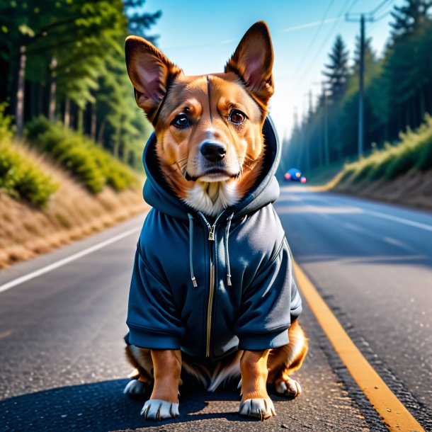 Photo of a dog in a hoodie on the road