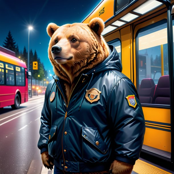 Photo d'un ours dans une veste sur l'arrêt de bus