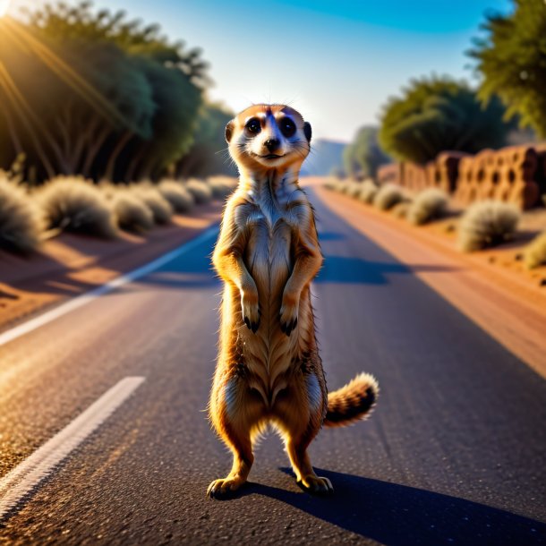 Pic of a dancing of a meerkat on the road