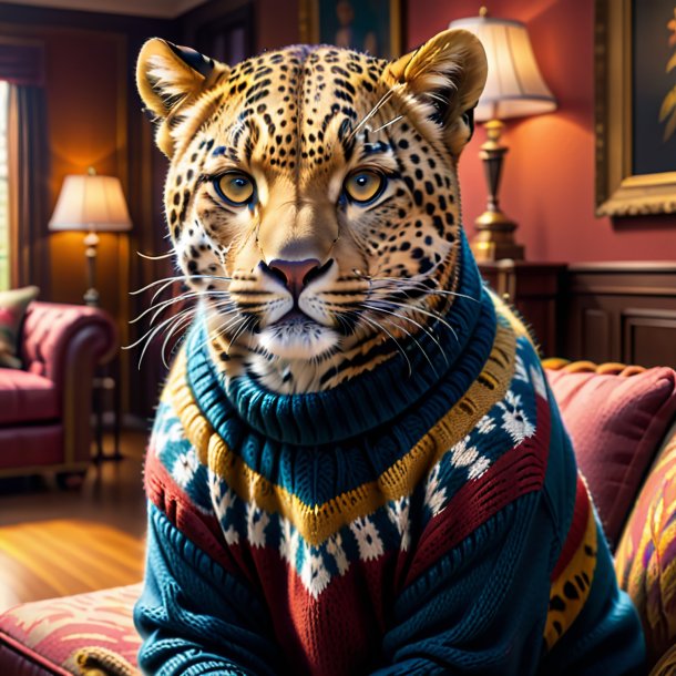 Picture of a leopard in a sweater in the house