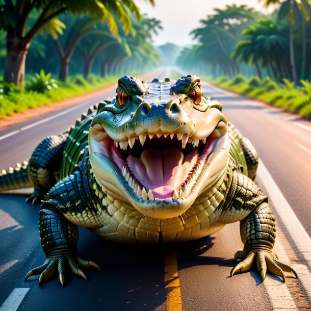 Photo of a smiling of a crocodile on the road