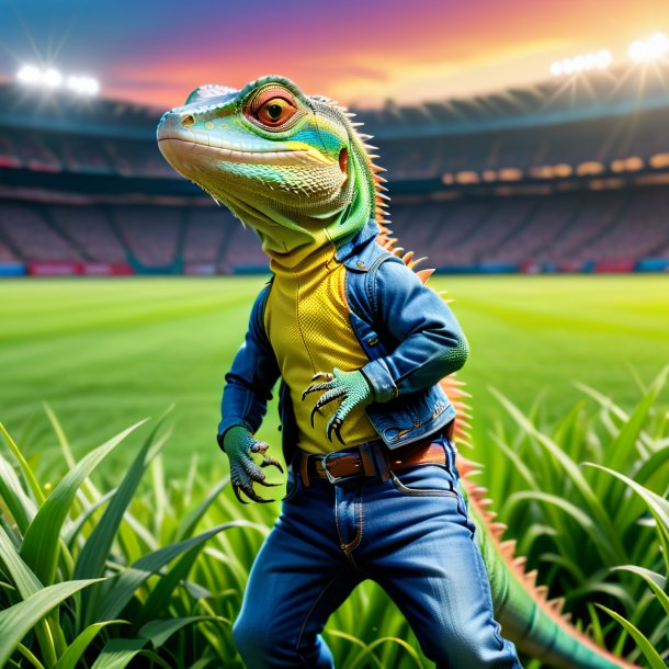 Pic of a lizard in a jeans on the field