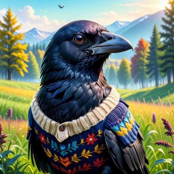 Illustration of a crow in a sweater in the meadow