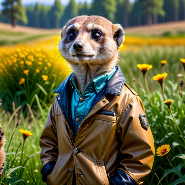 Foto de una suricata en una chaqueta en el prado