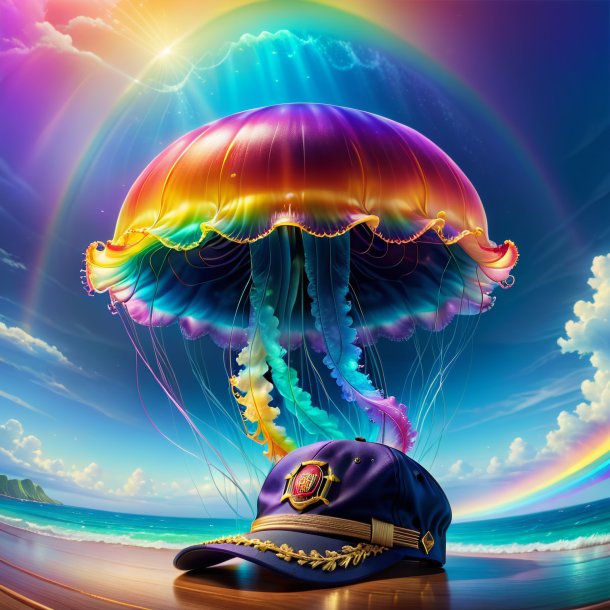 Illustration of a jellyfish in a cap on the rainbow