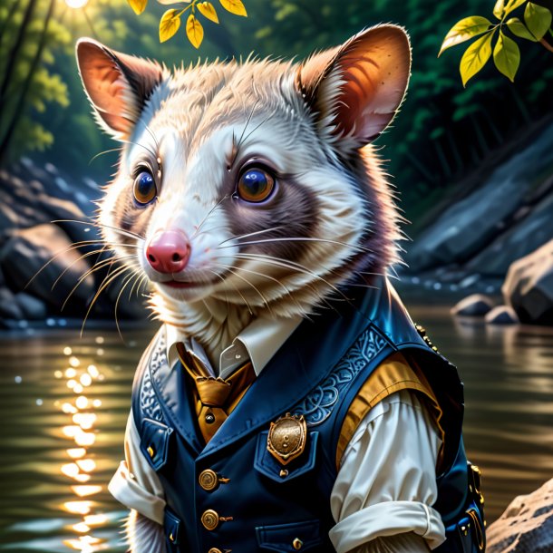 Dessin d'un opossum dans un gilet dans la rivière