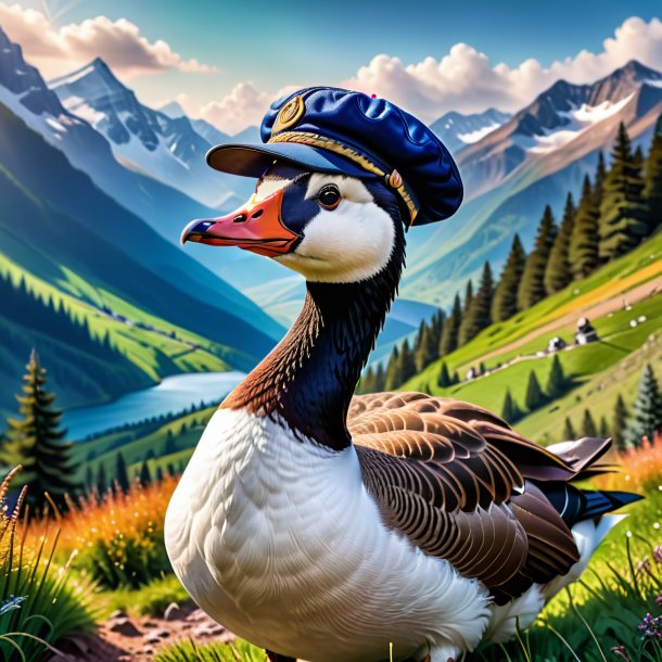 Image of a goose in a cap in the mountains