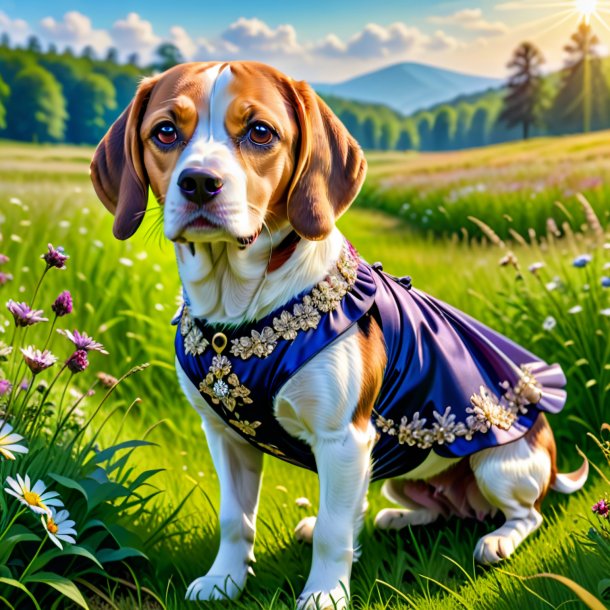 Picture of a beagle in a dress in the meadow