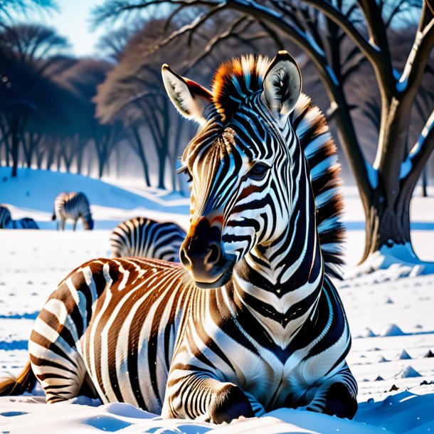 Photo of a resting of a zebra in the snow