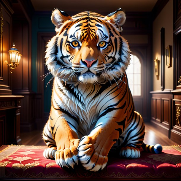 Illustration of a tiger in a gloves in the house