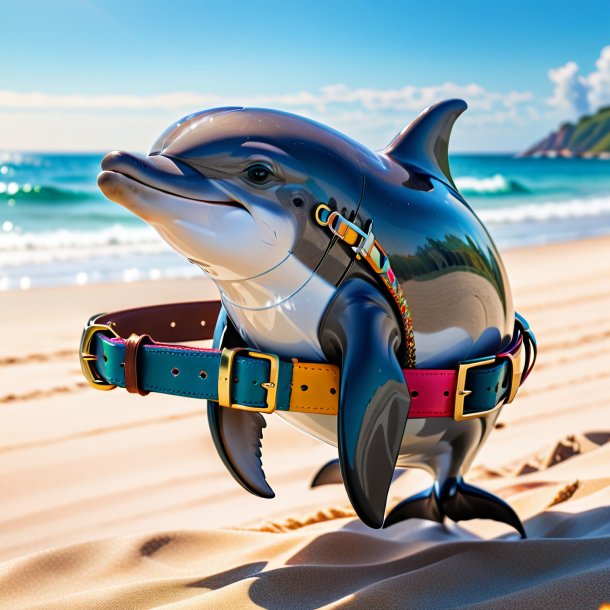 Image of a dolphin in a belt on the beach