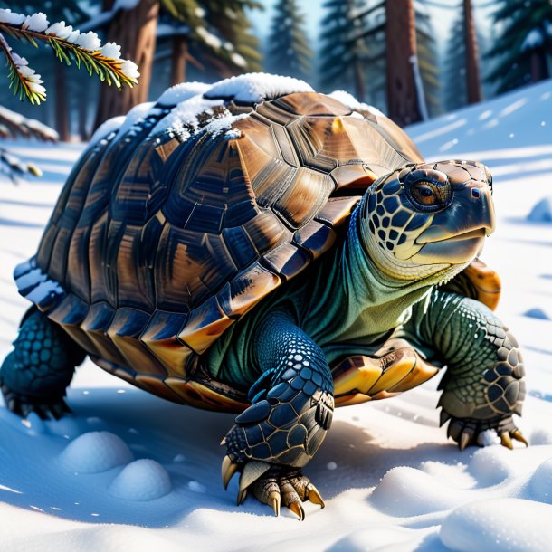 Picture of a tortoise in a jeans in the snow