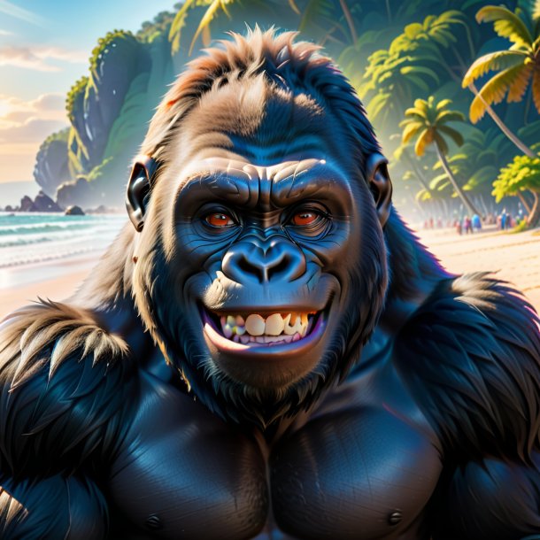 Image of a smiling of a gorilla on the beach