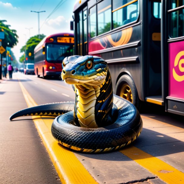 Foto de uma cobra rei em um sapatos no ponto de ônibus