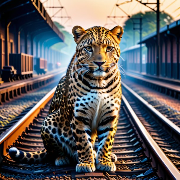 De um leopardo em um casaco nos trilhos ferroviários