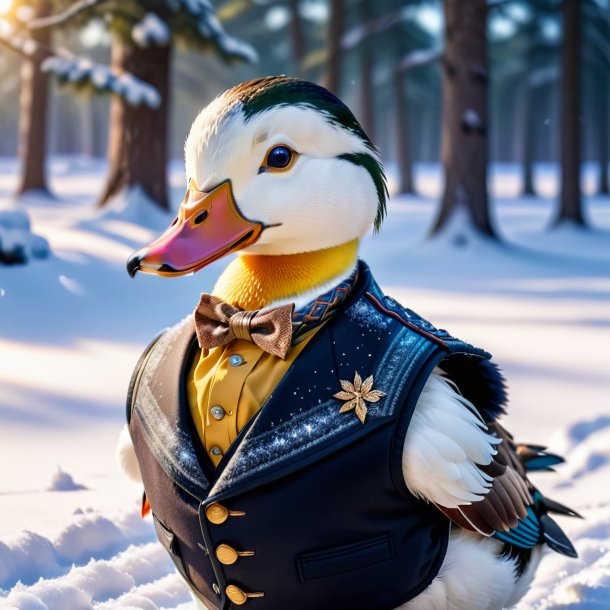 Photo of a duck in a vest in the snow