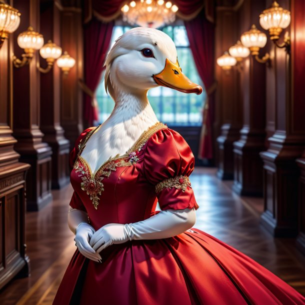 Retrato de um pato em um vestido vermelho