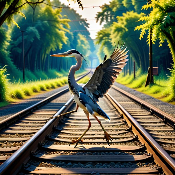 Foto de un balanceo en un columpio de una garza en las vías del ferrocarril