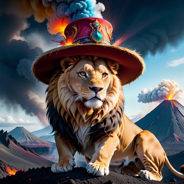 Image of a lion in a hat in the volcano