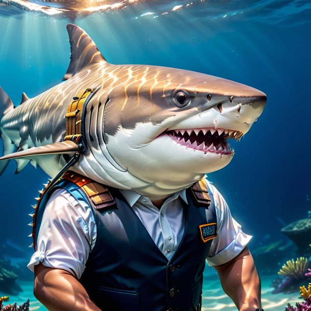 Picture of a shark in a vest in the water