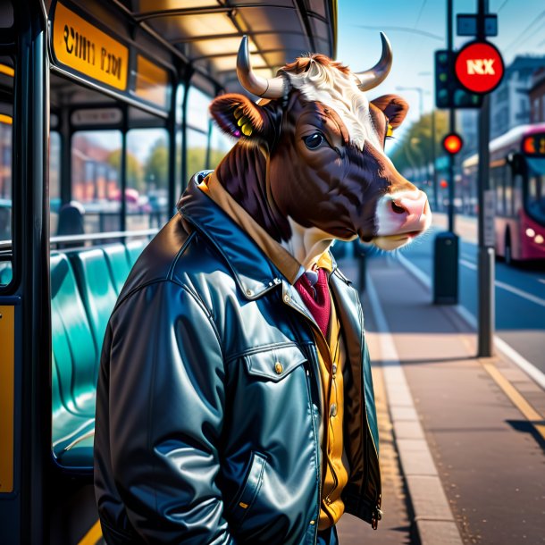 Image of a cow in a jacket on the bus stop