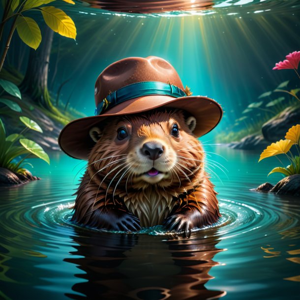 Drawing of a beaver in a hat in the water