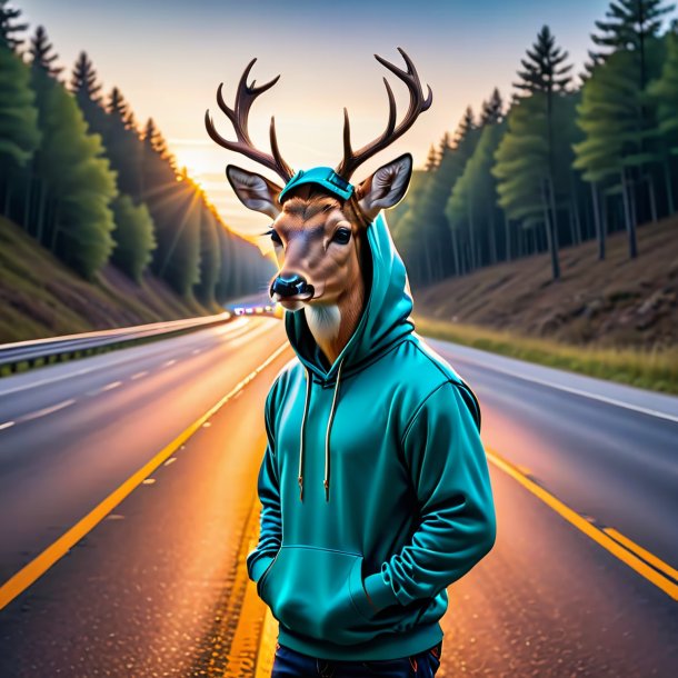 Pic d'un cerf dans un sweat à capuche sur l'autoroute