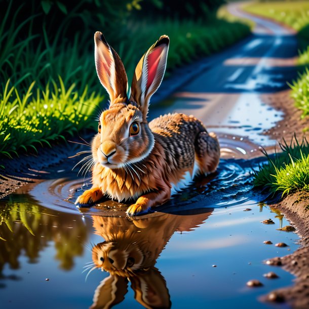 Image of a swimming of a hare in the puddle