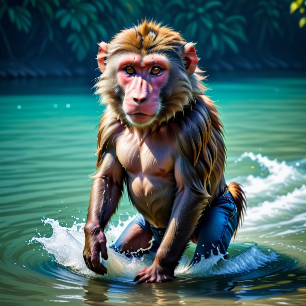 Pic of a baboon in a jeans in the water