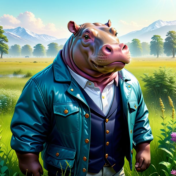 Illustration of a hippopotamus in a jacket in the meadow