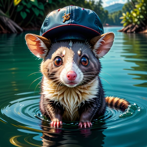 Drawing of a possum in a cap in the water