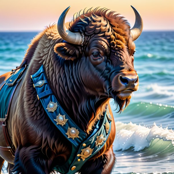 Foto de um bisonte em um colete no mar