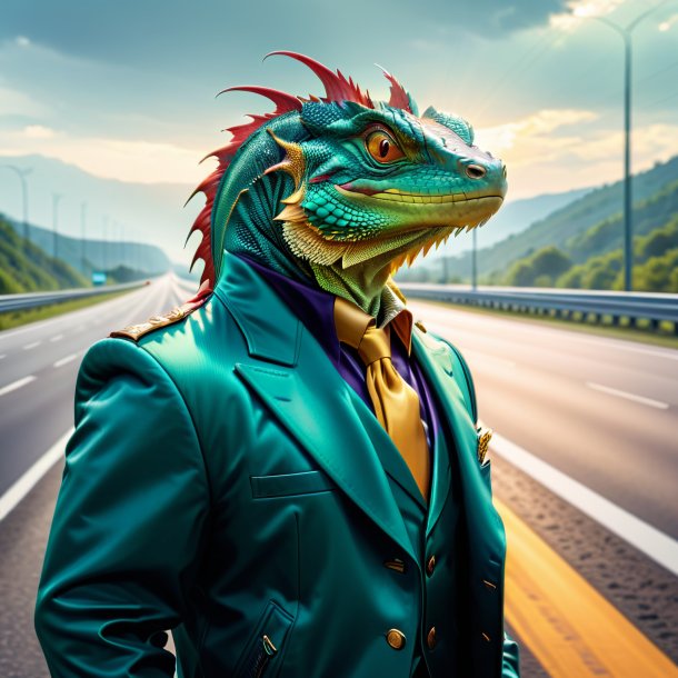 Picture of a basilisk in a jacket on the highway