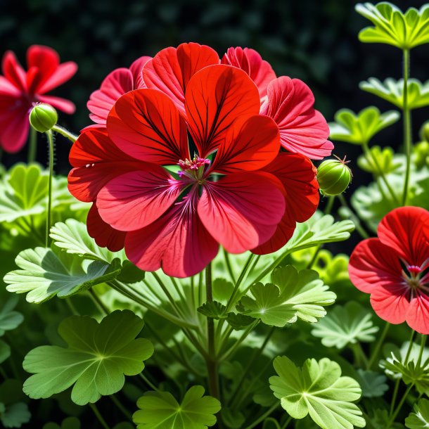 "imagery of a pea green geranium, scarlet"