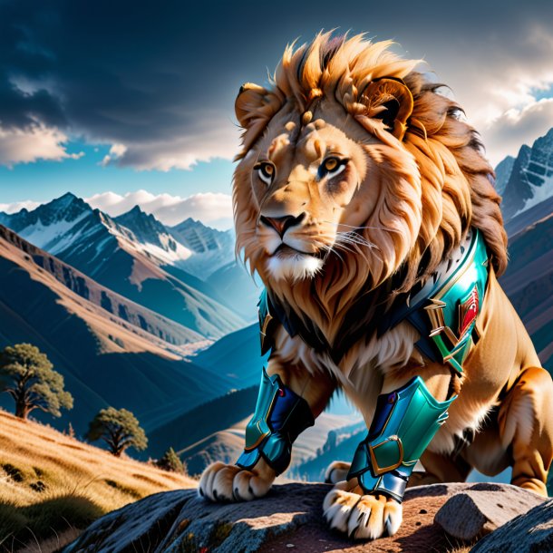 Photo of a lion in a gloves in the mountains