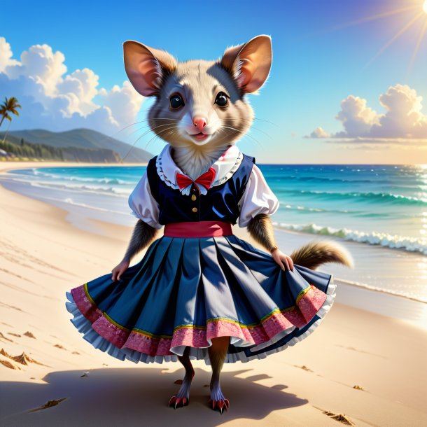 Dessin d'un opossum dans une jupe sur la plage