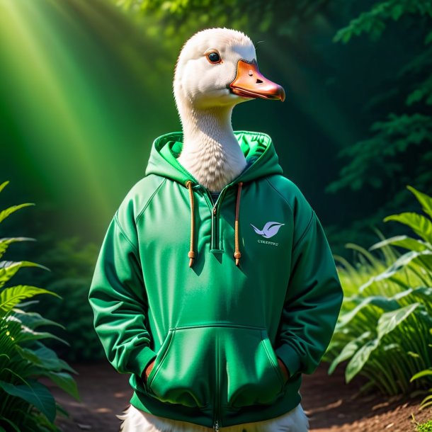 Photo of a goose in a green hoodie