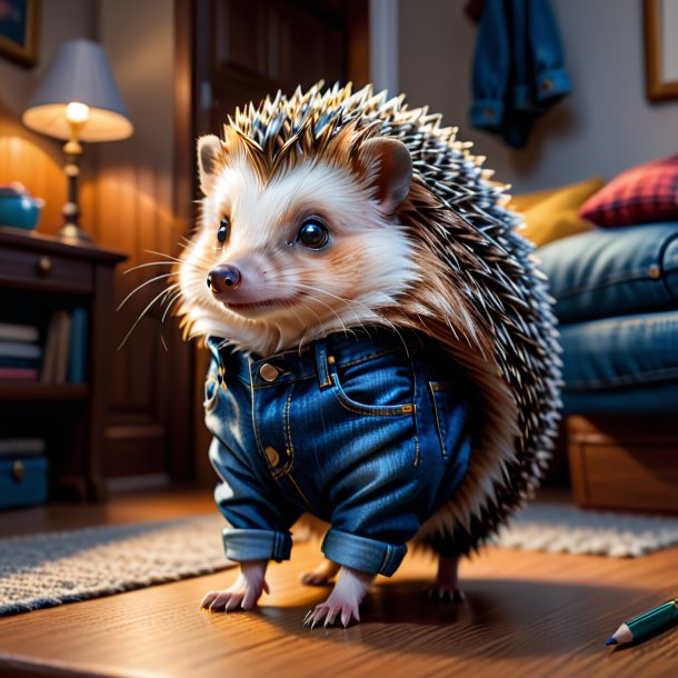 Drawing of a hedgehog in a jeans in the house