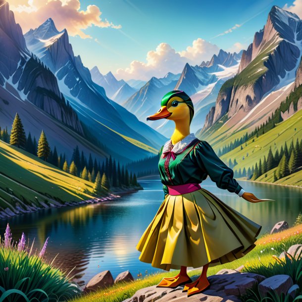 Drawing of a duck in a skirt in the mountains