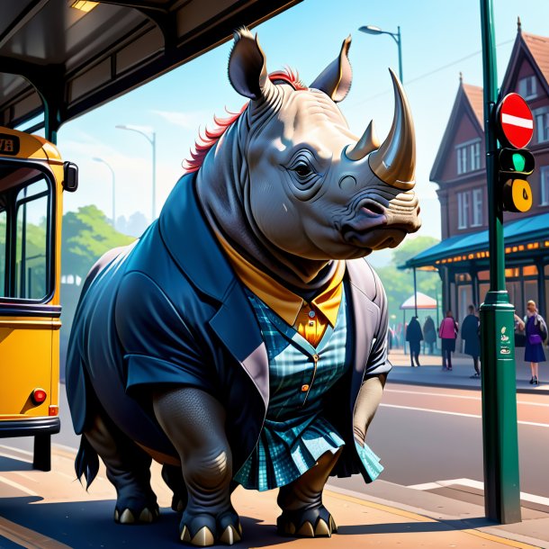 Illustration of a rhinoceros in a skirt on the bus stop