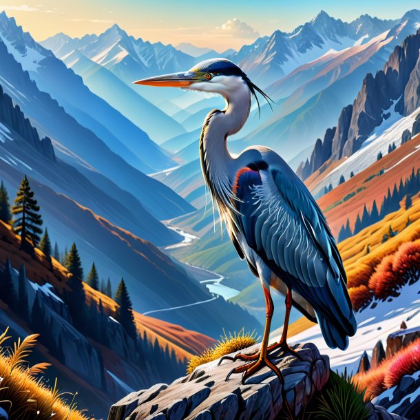 Drawing of a heron in a gloves in the mountains