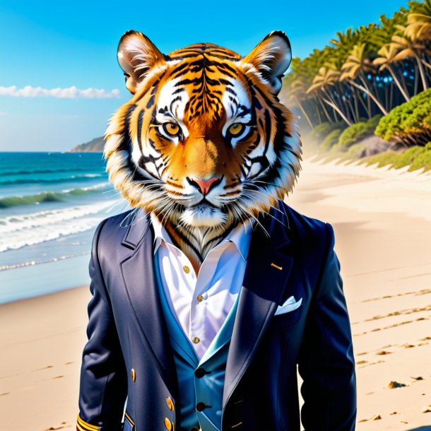 Foto de un tigre en un abrigo en la playa