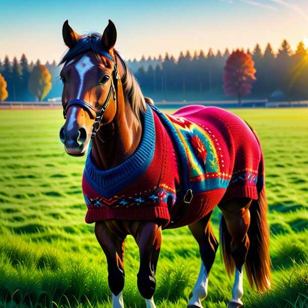 Illustration of a horse in a sweater on the field