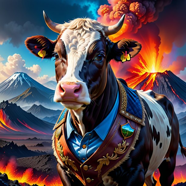 Illustration of a cow in a vest in the volcano