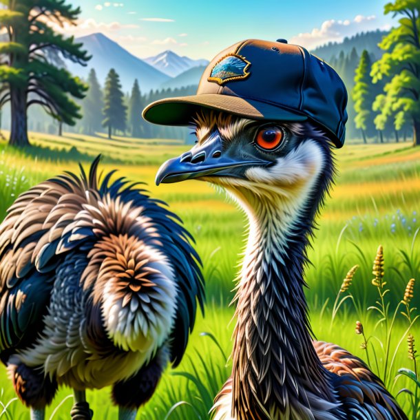 Drawing of a emu in a cap in the meadow