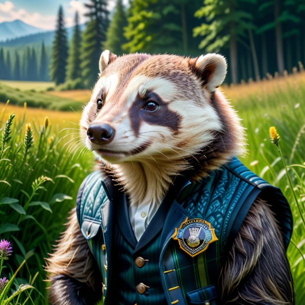 Pic of a badger in a vest in the meadow