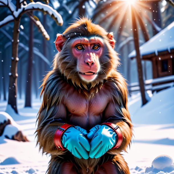 Photo of a baboon in a gloves in the snow