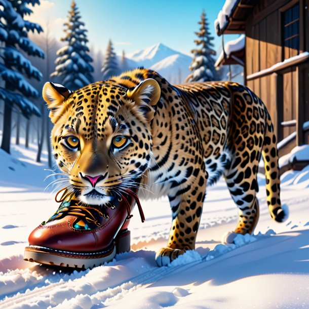 Dibujo de un leopardo en zapatos en la nieve